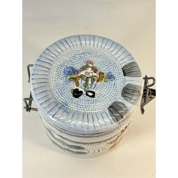 Boston Warehouse Other - Snowman Cookie Jar Locking Lid Coffee Tea Canister Christmas 5" Tall Light Blue